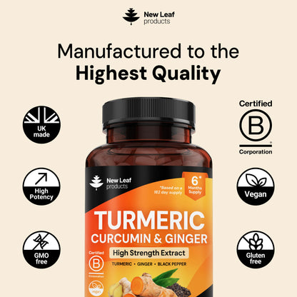 Side angle view of New Leaf non GMO gluten free turmeric tablets 180 count bottle showing premium quality seals