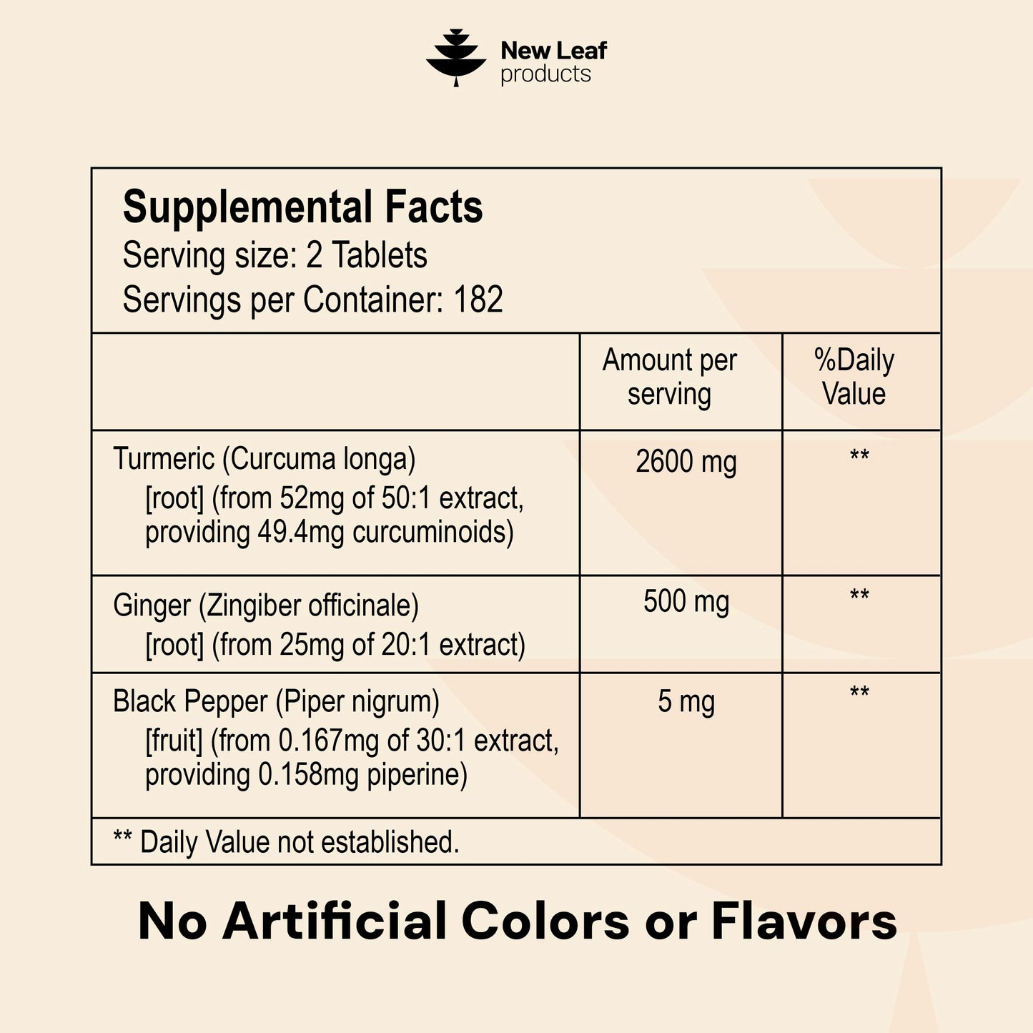 Close up of small easy to swallow New Leaf turmeric curcumin micro tablets showing daily dosage recommendations