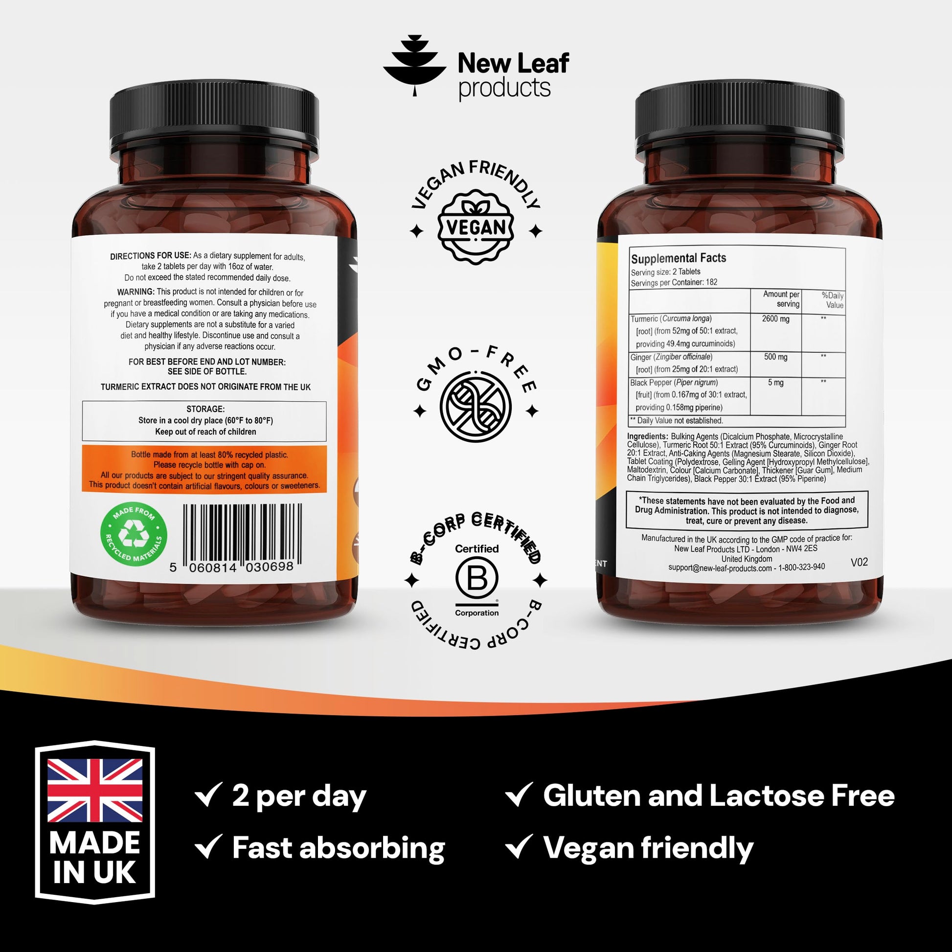 New Leaf brand turmeric ginger and black pepper joint care supplement bottle displayed on a clean wellness background