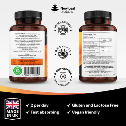 New Leaf brand turmeric ginger and black pepper joint care supplement bottle displayed on a clean wellness background