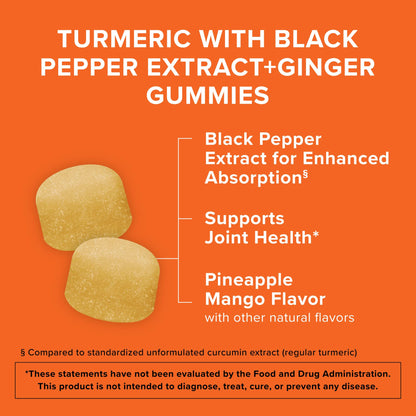Qunol Turmeric and Ginger pineapple flavored gummies supplement facts and premium ingredients label