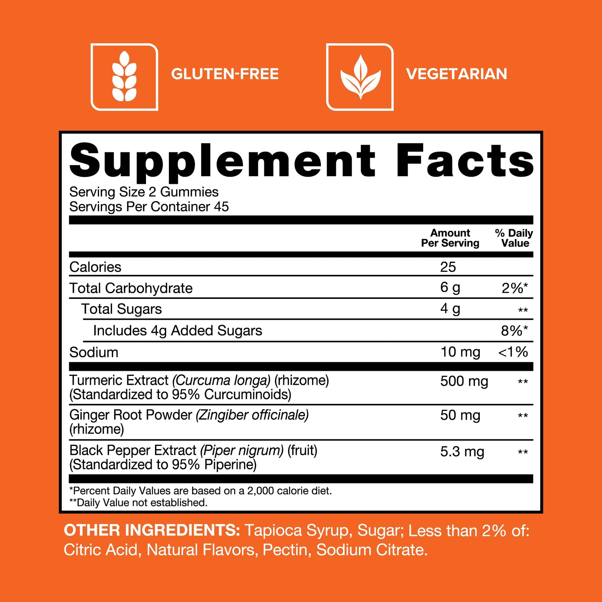 Allergen free gluten free turmeric curcumin joint gummies showing 45 day supply bottle text