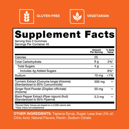 Allergen free gluten free turmeric curcumin joint gummies showing 45 day supply bottle text