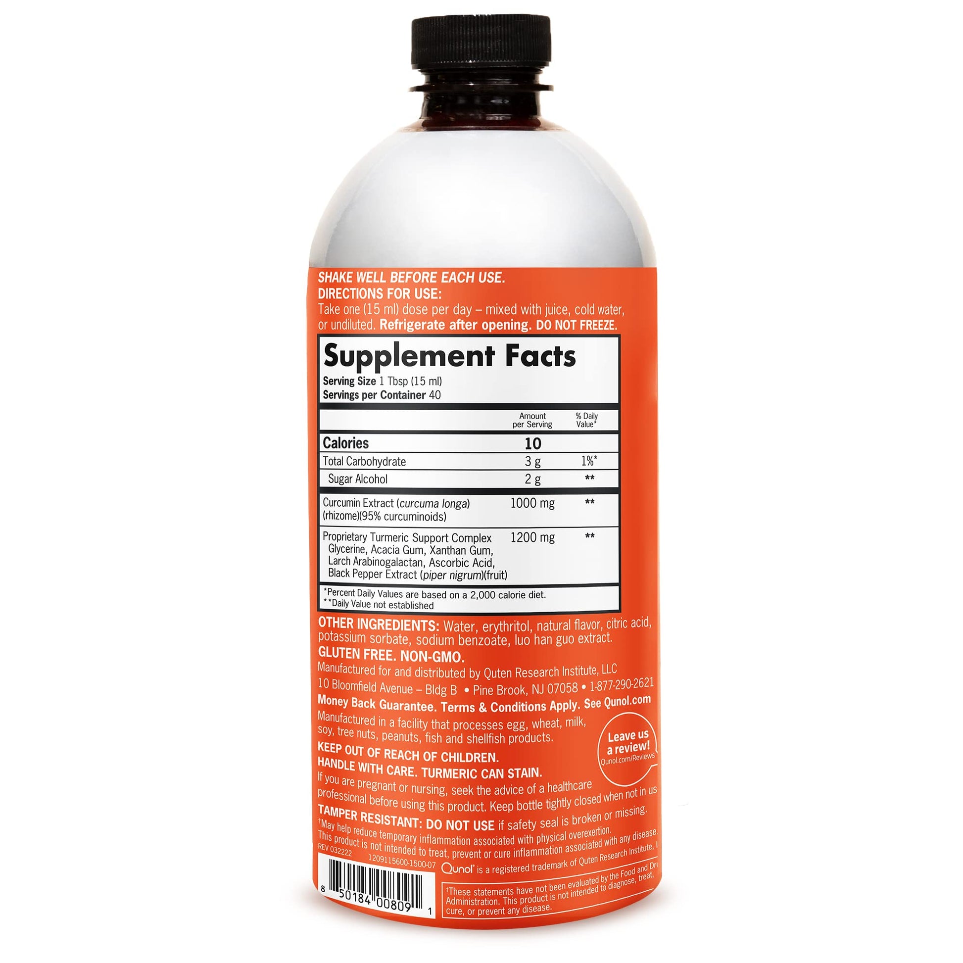 Imported liquid turmeric supplement packaging displaying dietary facts and extra strength formulation details.