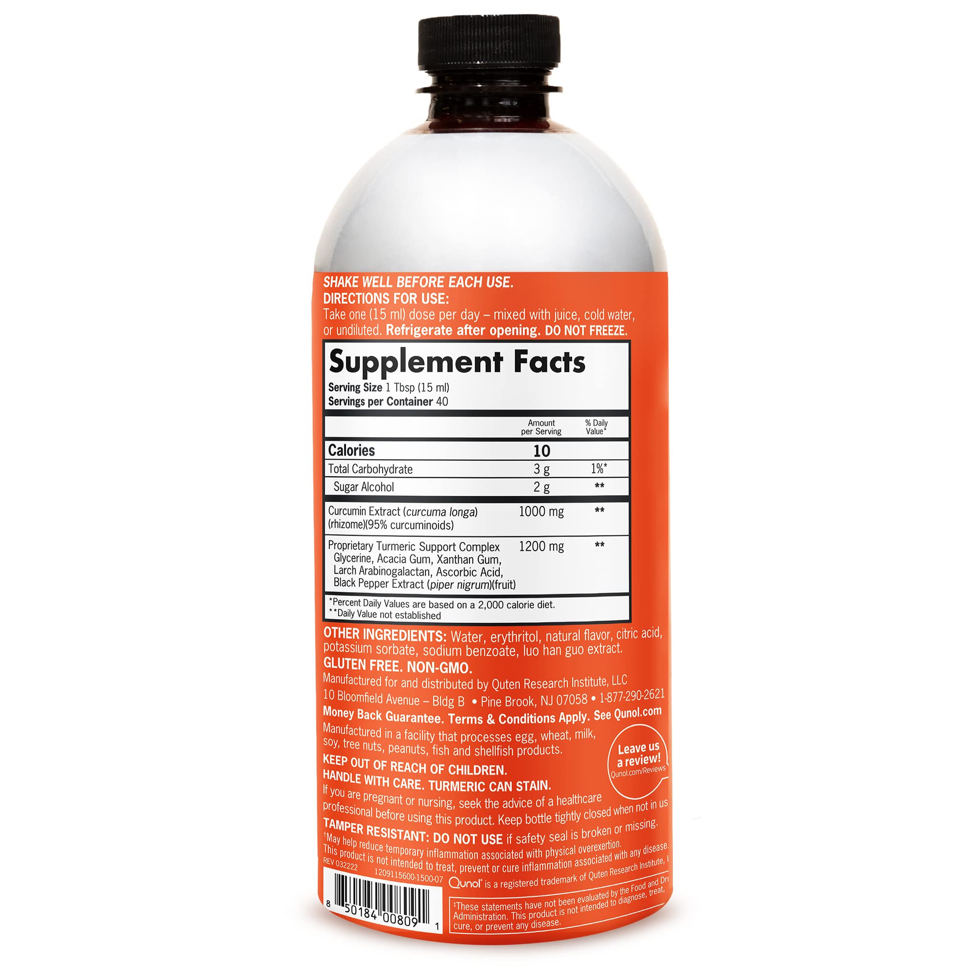 Imported liquid turmeric supplement packaging displaying dietary facts and extra strength formulation details.