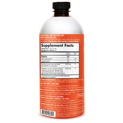 Imported liquid turmeric supplement packaging displaying dietary facts and extra strength formulation details.