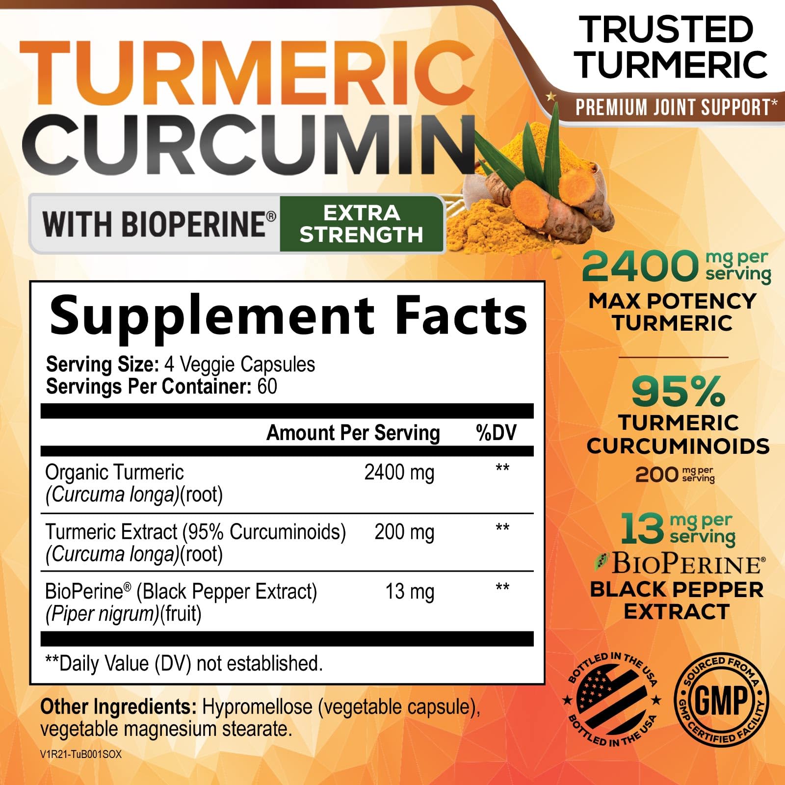 Nature's Nutrition Turmeric Curcumin dietary supplement bottle side view listing organic ingredients