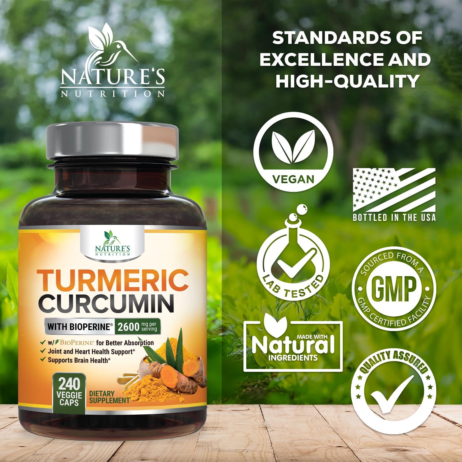 Nature's Nutrition Turmeric Curcumin vegetable capsules spilling next to the product packaging