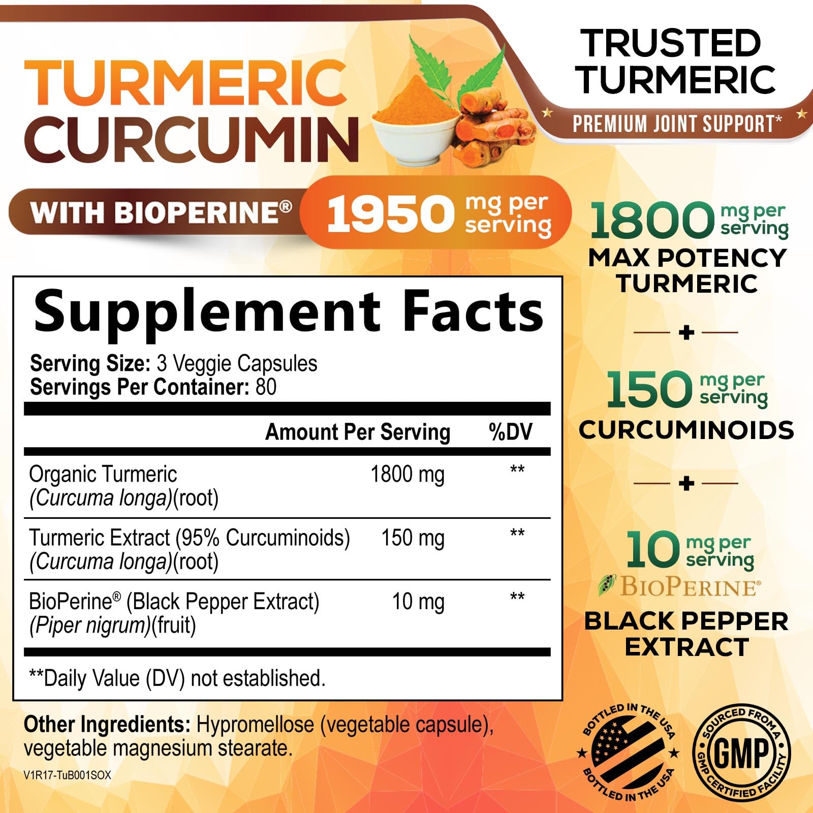 Nature's Nutrition Turmeric Curcumin supplement facts panel showing ingredient dosages