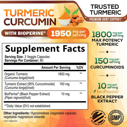 Nature's Nutrition Turmeric Curcumin supplement facts panel showing ingredient dosages