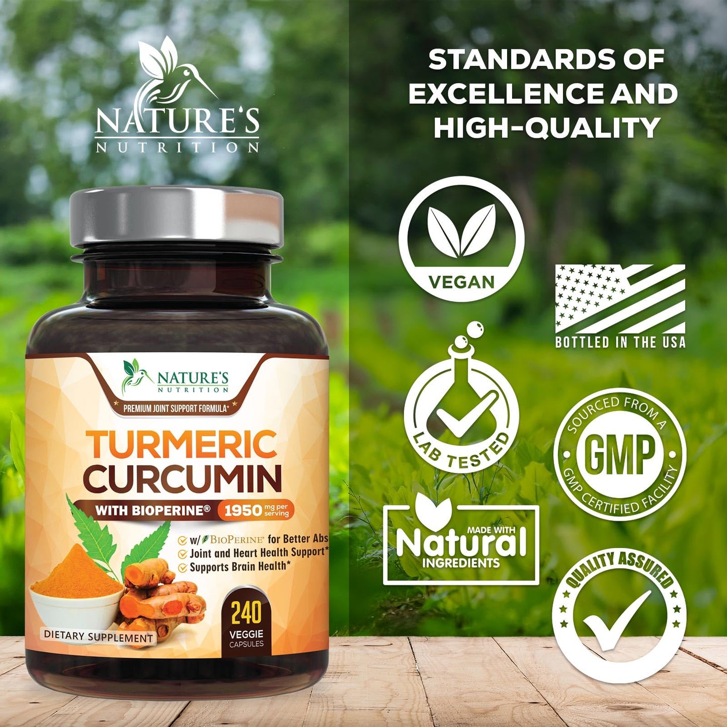 Nature's Nutrition Turmeric 240 count bottle showcasing ninety-five percent standardized curcuminoids