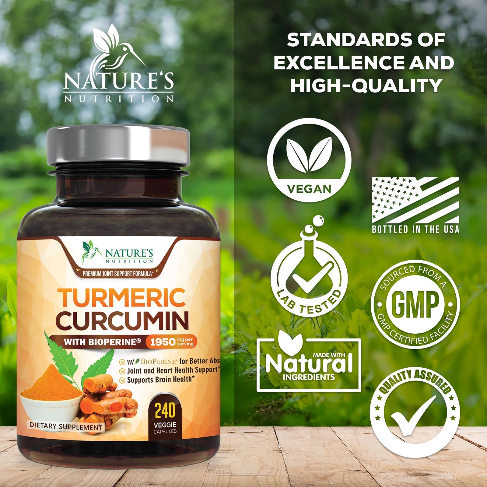 Nature's Nutrition Turmeric 240 count bottle showcasing ninety-five percent standardized curcuminoids