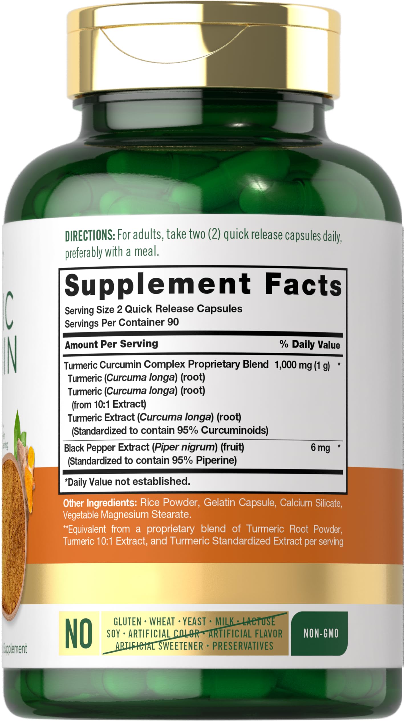 Carlyle 1000mg turmeric complex supplement bottle displaying non-GMO and gluten-free labels