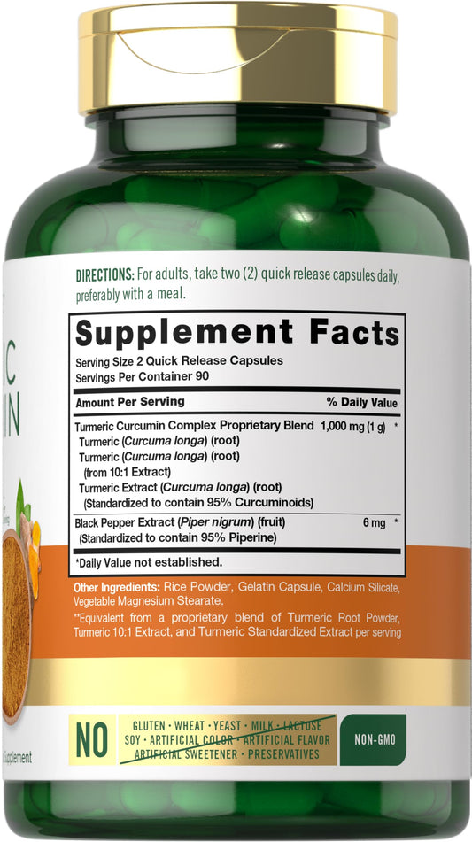 Carlyle 1000mg turmeric complex supplement bottle displaying non-GMO and gluten-free labels