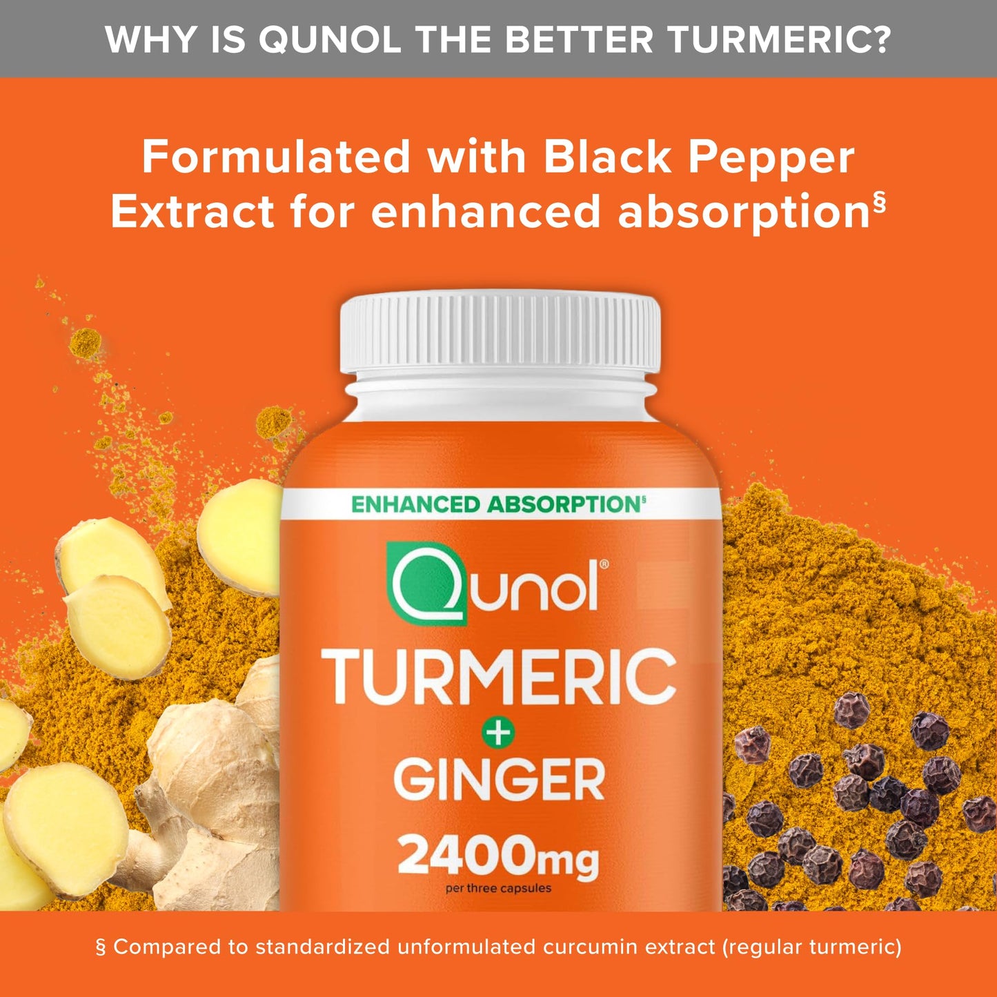 Side view of Qunol turmeric and organic ginger root health supplement bottle