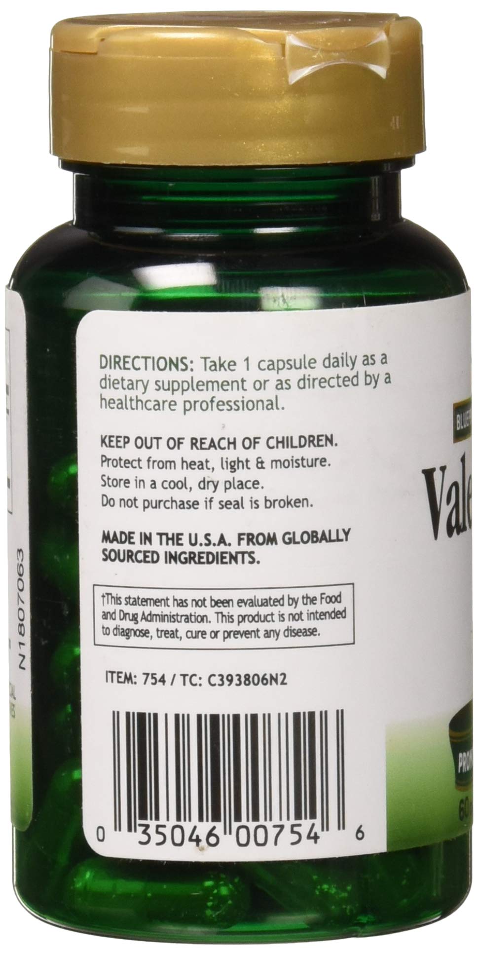 Windmill Health Valerian Root 450mg supplement facts label showing directions and herbal extract ingredients