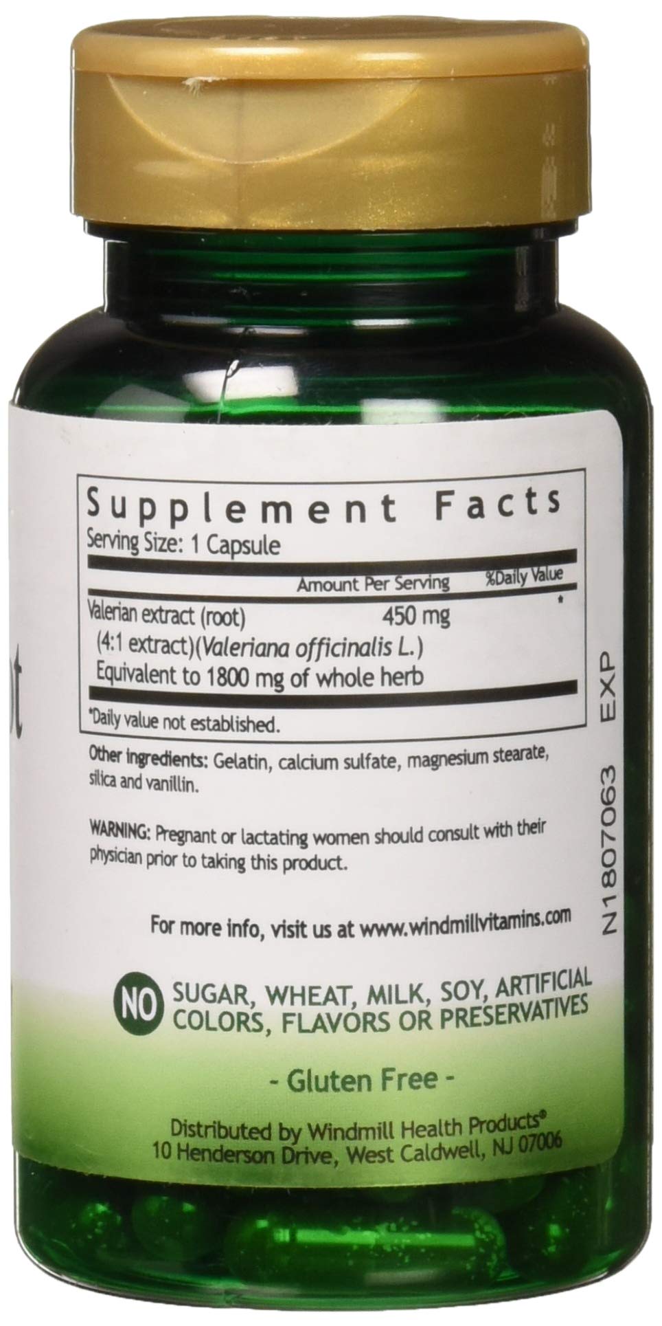 Side profile of Windmill Valerian Root 60 capsules bottle displaying product purity details and allergen warnings
