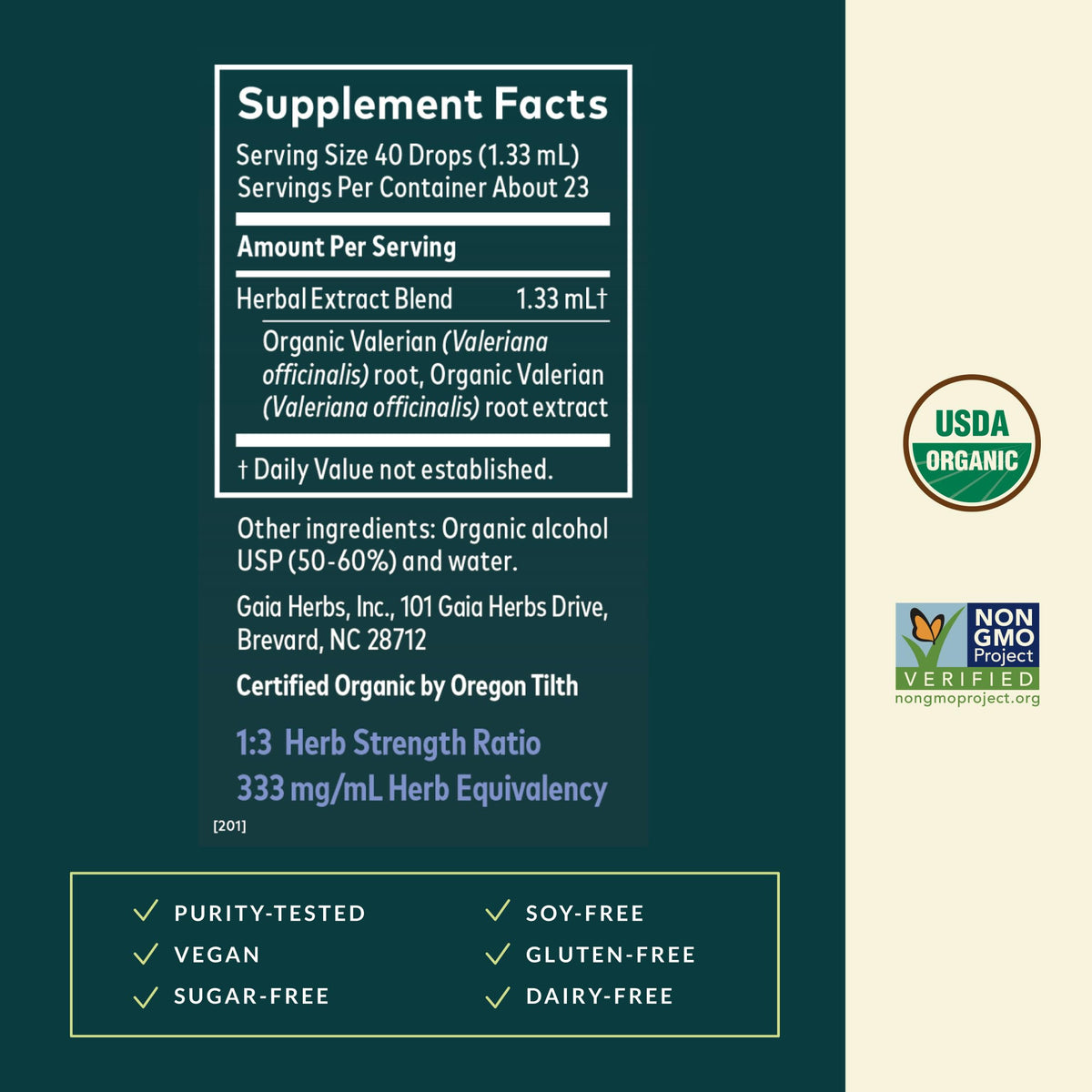 Gaia Herbs herbal supplement dropper bottle side view description