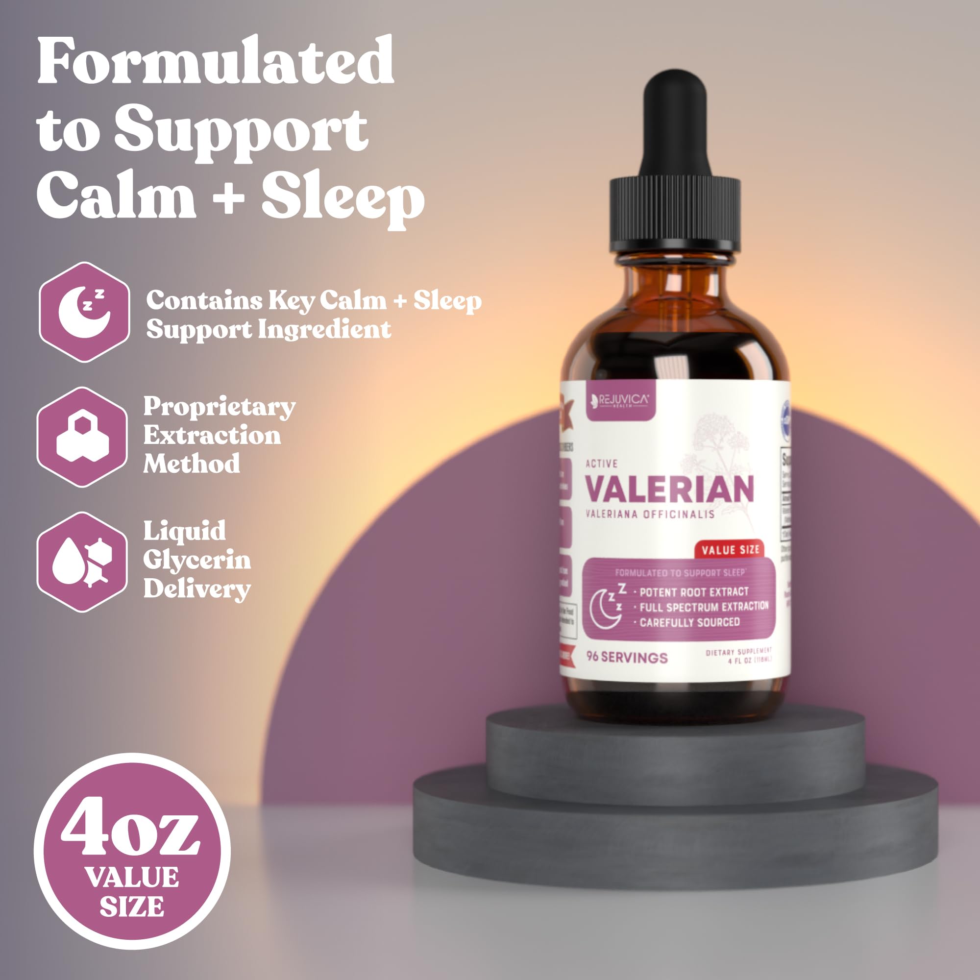 Side angle of Rejuvica Health alcohol free valerian root tincture showing clean vegan and non-GMO labels.
