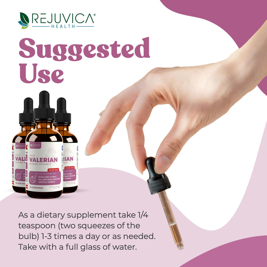 Back view of Rejuvica Health Active Valerian Root supplement label showing serving sizes and full directions.