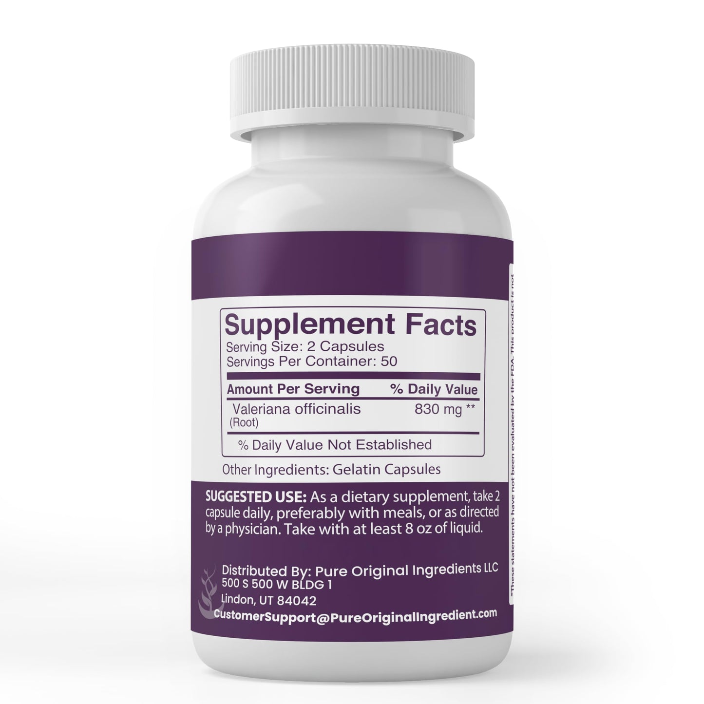 Side angle of 830 milligram valerian root dietary supplement showing pure ingredient formulation details.