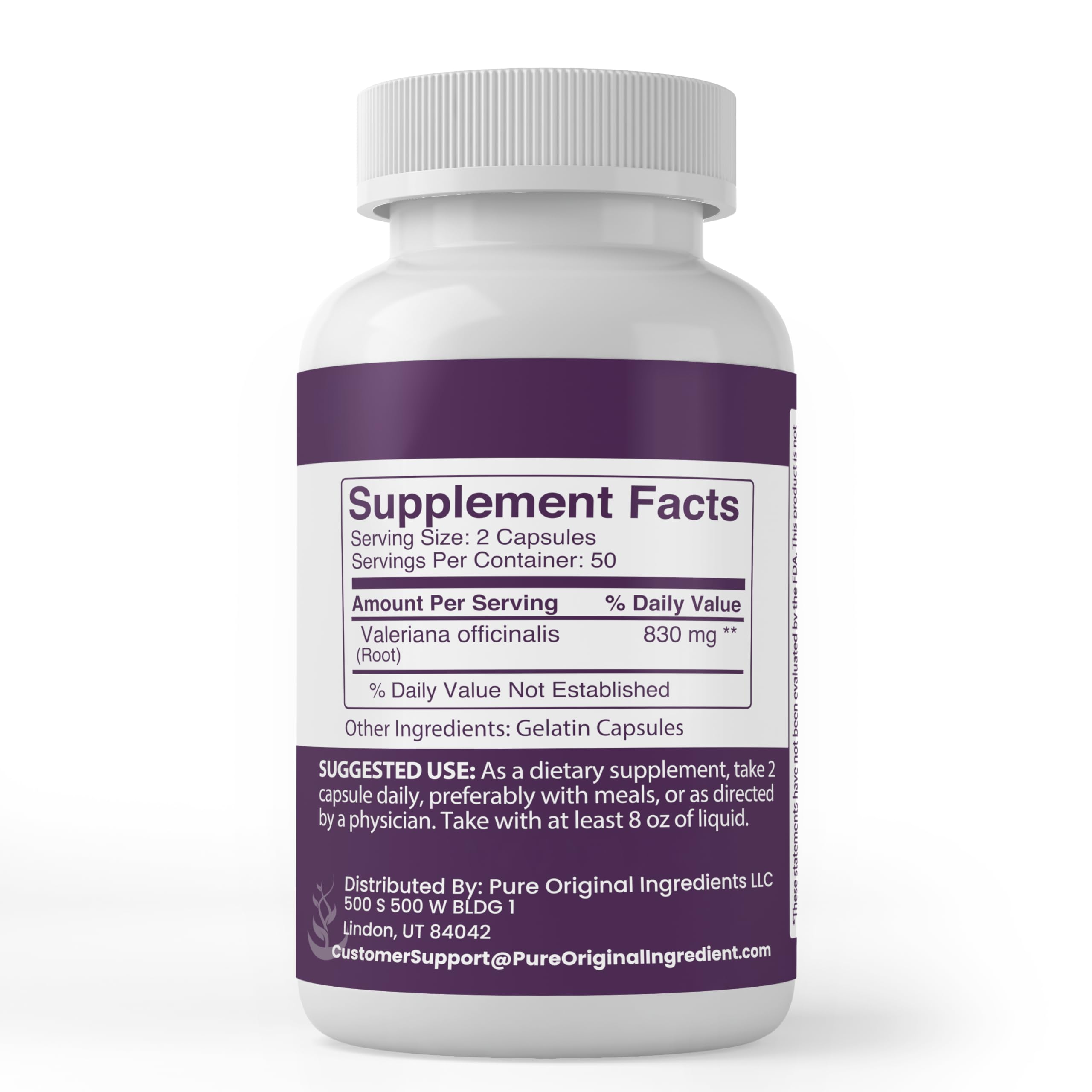 Side angle of 830 milligram valerian root dietary supplement showing pure ingredient formulation details.