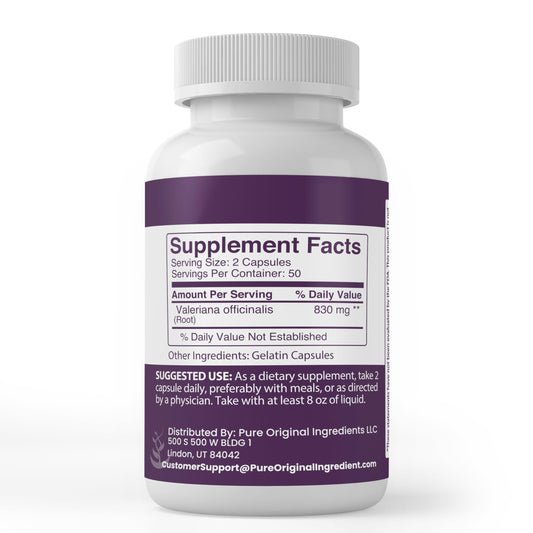 Side angle of 830 milligram valerian root dietary supplement showing pure ingredient formulation details.