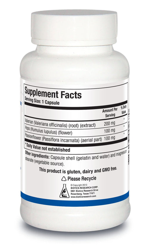 Biotics Research VHP relaxation supplement bottle showcasing product warnings and directions