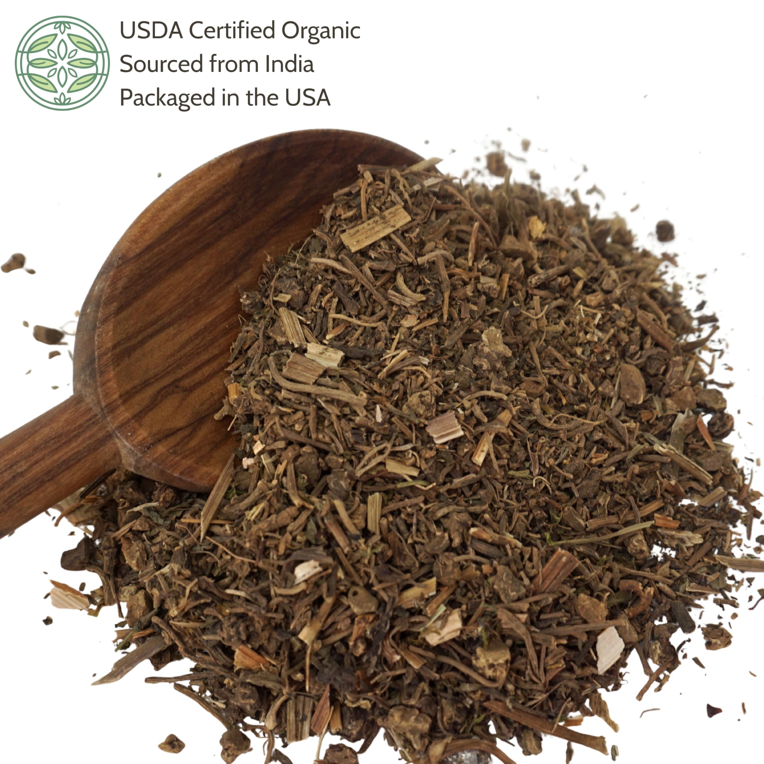 Close up of cut and sifted organic valerian root loose leaf herbal pieces showing natural dried texture.