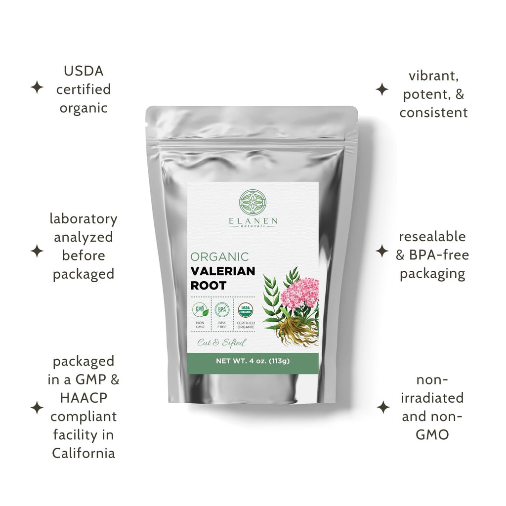 BPA-free resealable pouch of imported Elanen Naturals valerian root standing upright on a clean surface.
