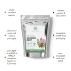 BPA-free resealable pouch of imported Elanen Naturals valerian root standing upright on a clean surface.