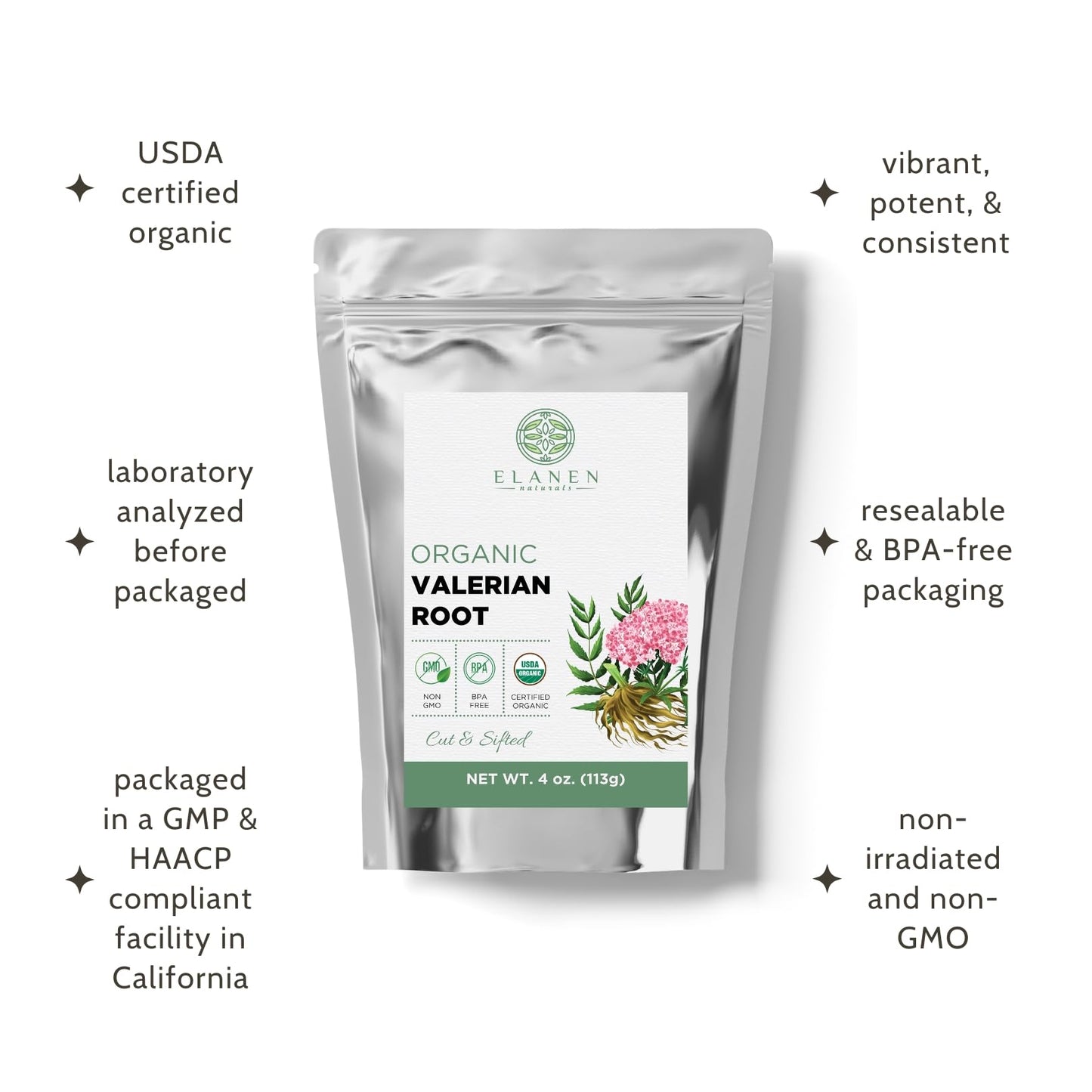 BPA-free resealable pouch of imported Elanen Naturals valerian root standing upright on a clean surface.