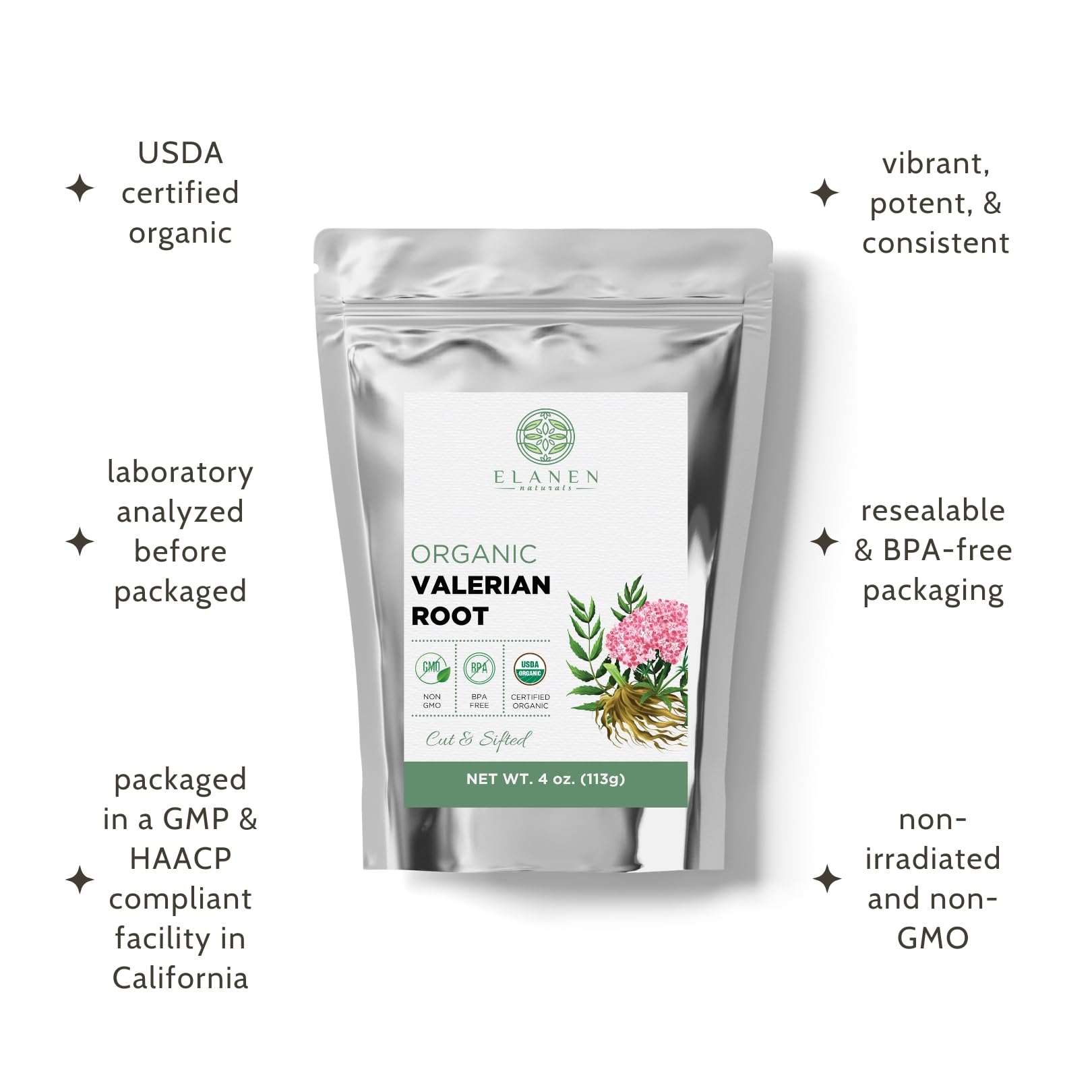 BPA-free resealable pouch of imported Elanen Naturals valerian root standing upright on a clean surface.