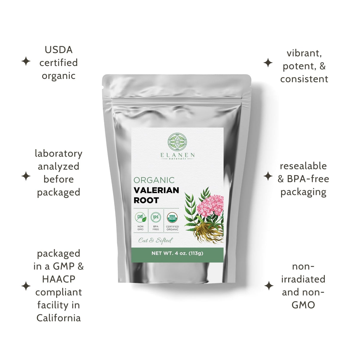 BPA-free resealable pouch of imported Elanen Naturals valerian root standing upright on a clean surface.