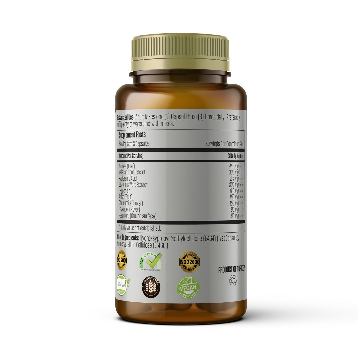Talya Herbal Relax supplement bottle back label displaying Mediterranean botanical ingredients including Valerian Root and Melissa.