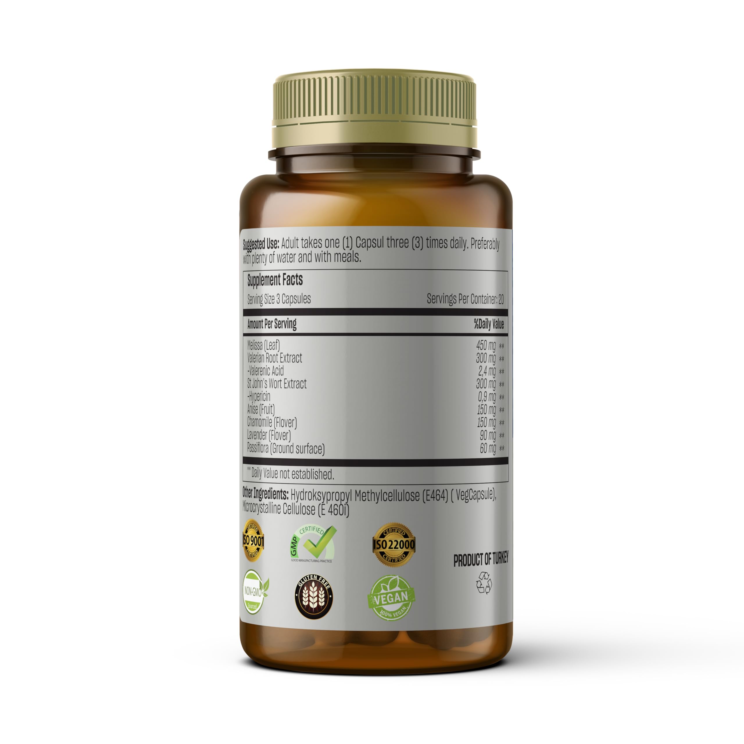 Talya Herbal Relax supplement bottle back label displaying Mediterranean botanical ingredients including Valerian Root and Melissa.