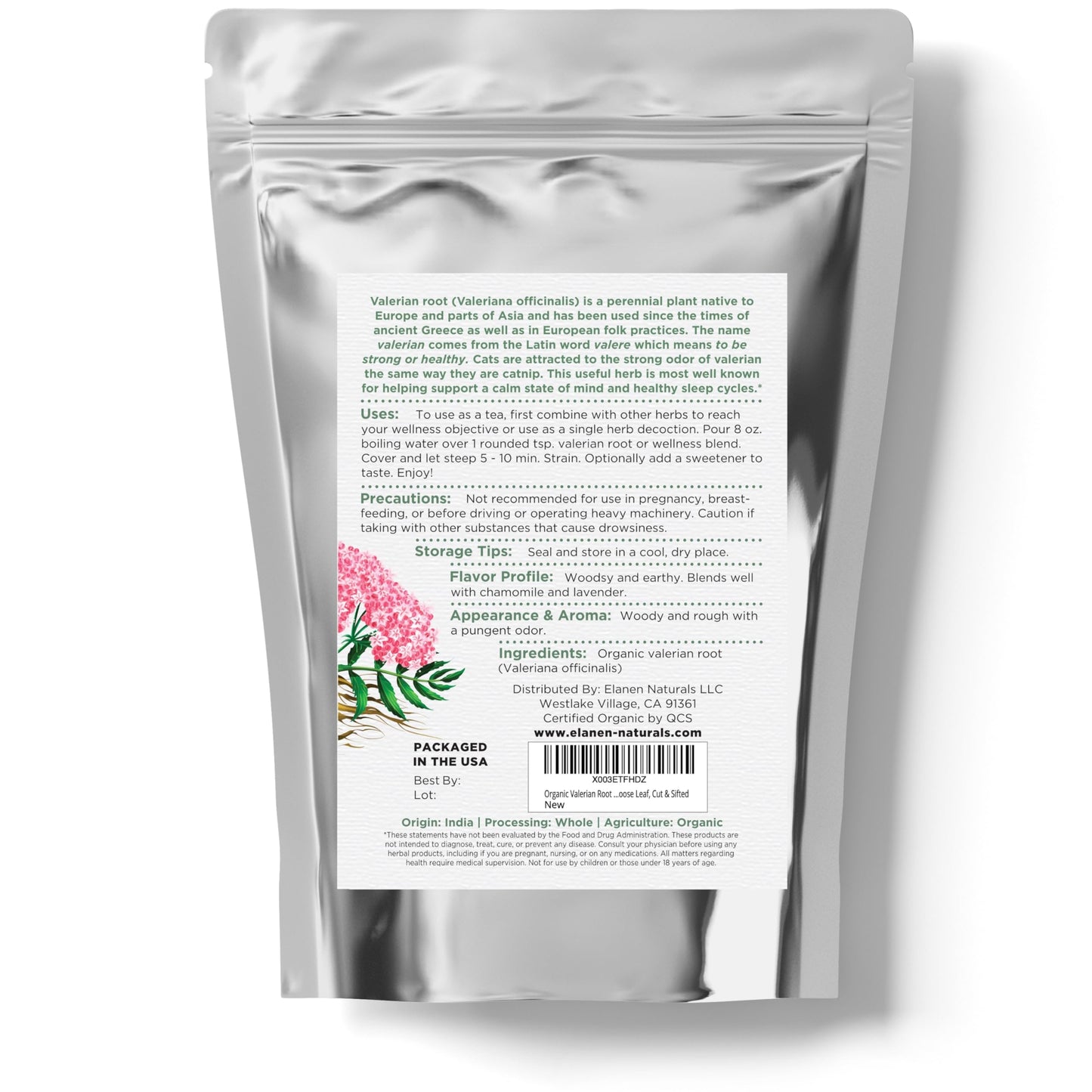 Elanen Naturals valerian root product packaging alongside a freshly brewed warm cup of herbal tea.