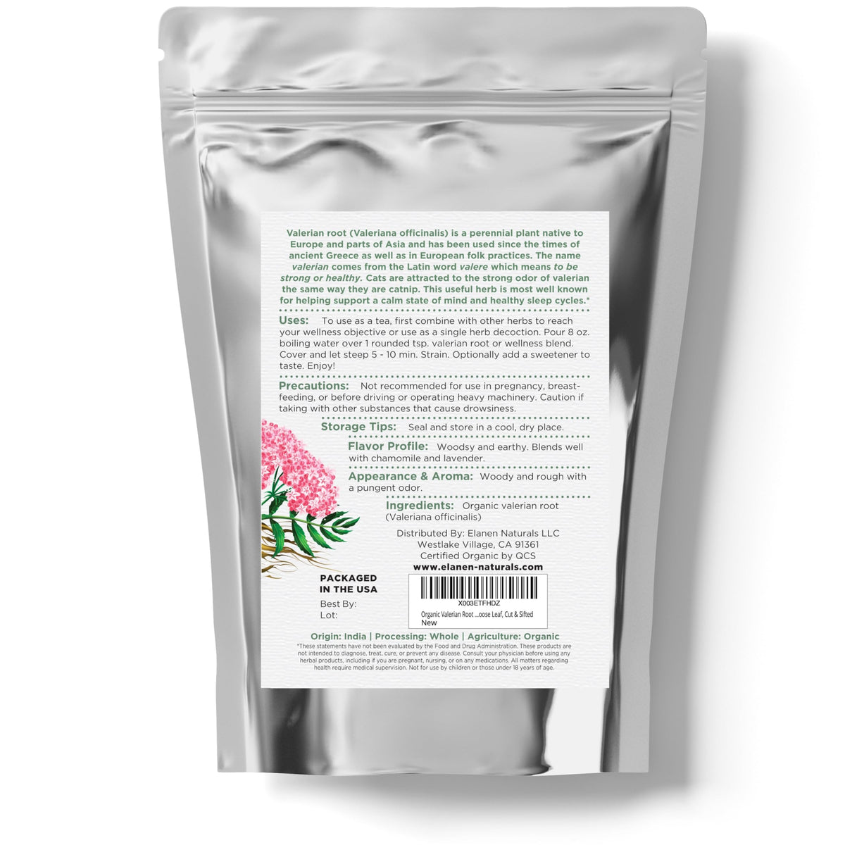 Elanen Naturals valerian root product packaging alongside a freshly brewed warm cup of herbal tea.