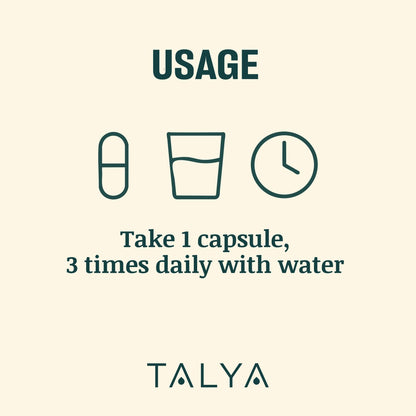 Close up of the nutritional facts and botanical blend information on the Talya Relax sleep support packaging.
