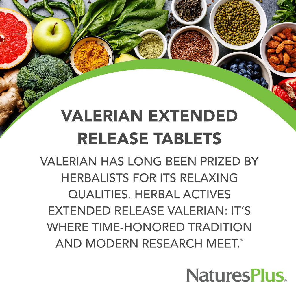 Nature's Plus extended release valerian tablets nutrition facts and standardized ingredients label