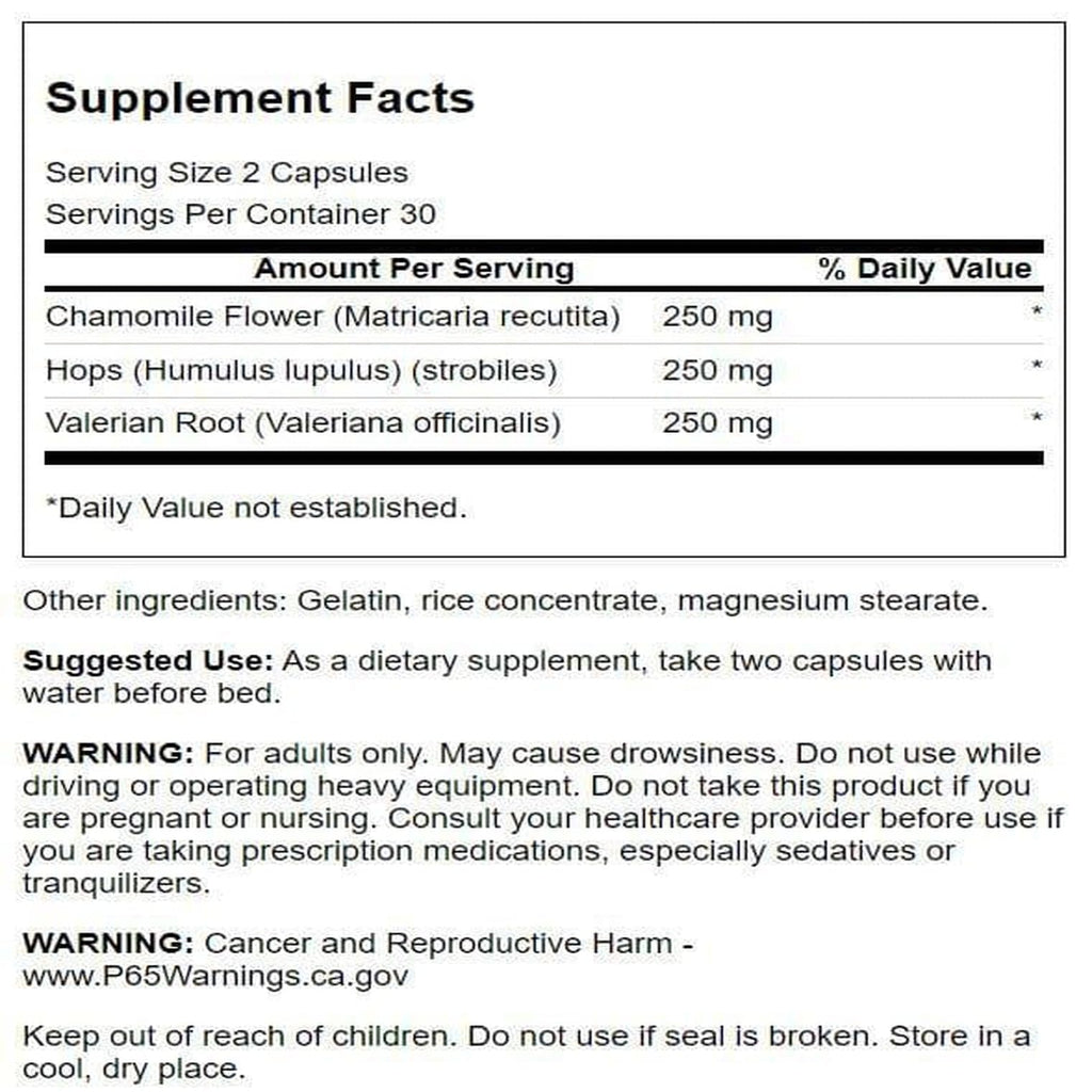 Back Label Showing Ingredients And Suggested Use For Relaxation Supplement