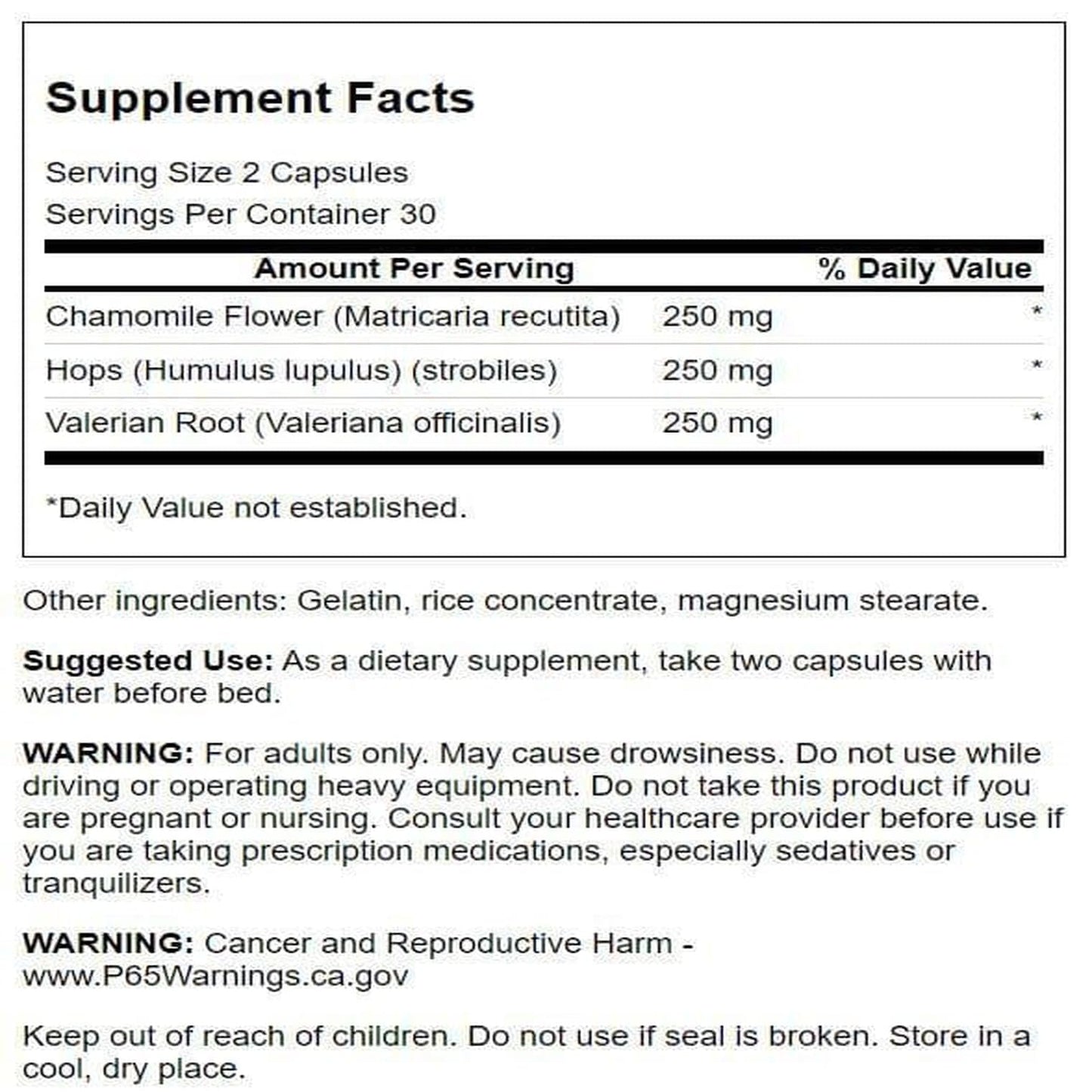 Back Label Showing Ingredients And Suggested Use For Relaxation Supplement