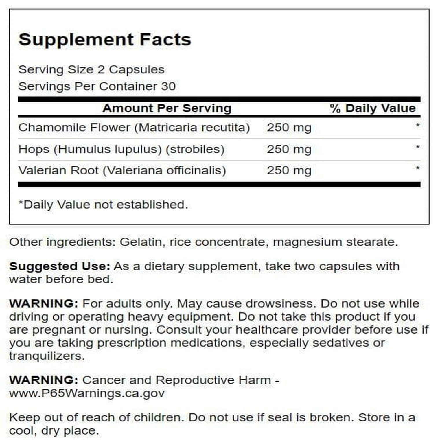Back Label Showing Ingredients And Suggested Use For Relaxation Supplement