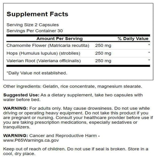 Back Label Showing Ingredients And Suggested Use For Relaxation Supplement