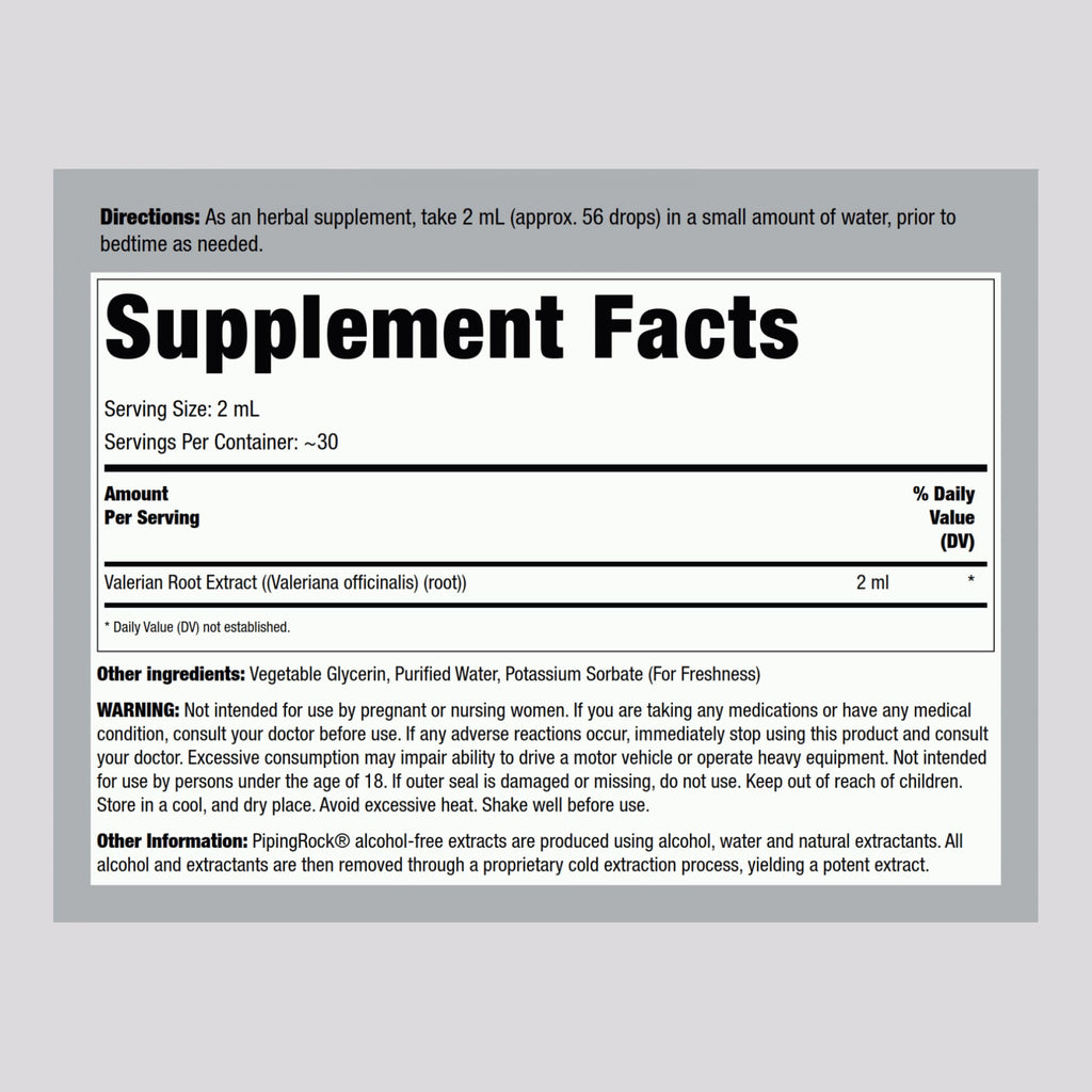 Piping Rock Valerian Root liquid extract supplement label details