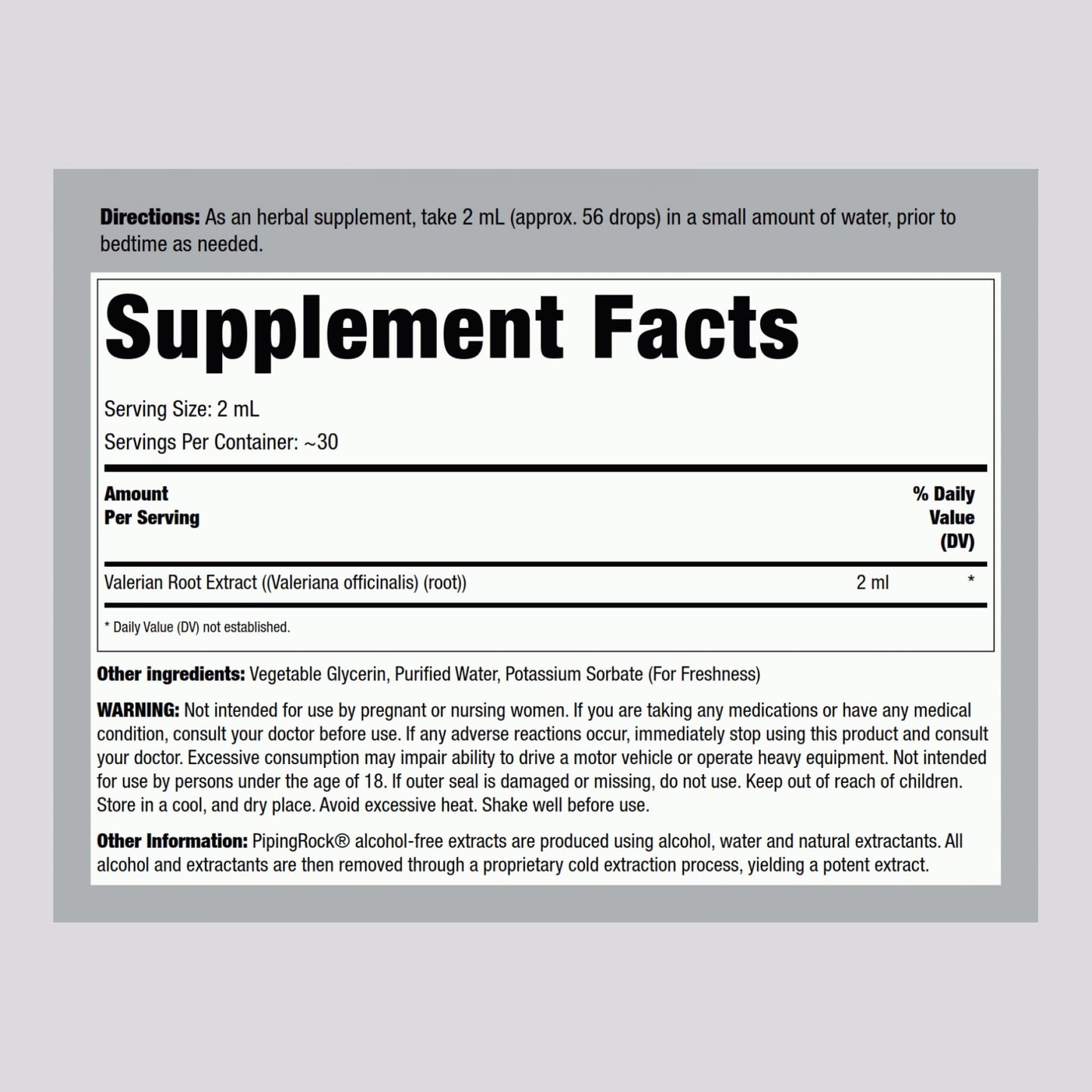 Piping Rock Valerian Root liquid extract supplement label details