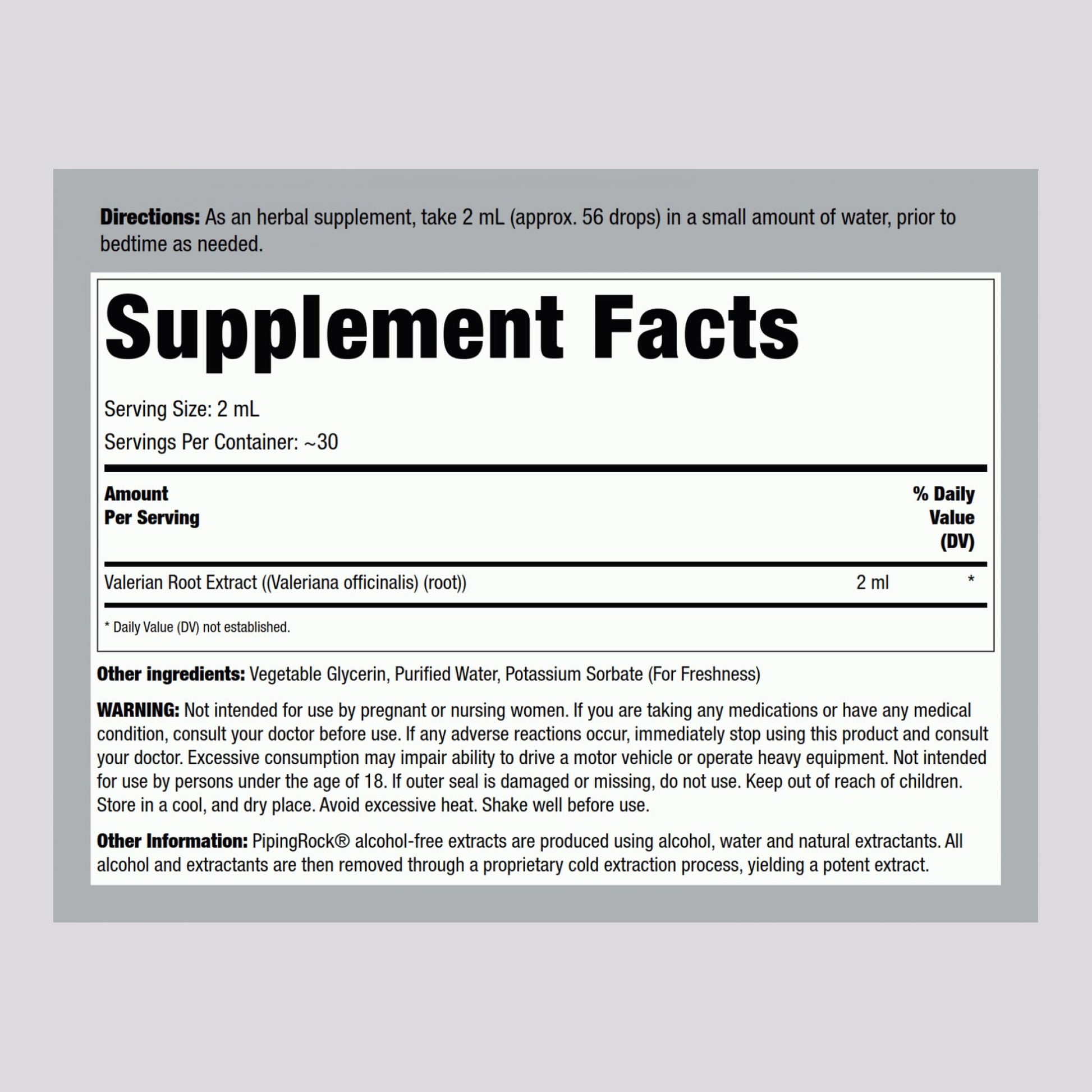 Piping Rock Valerian Root liquid extract supplement label details