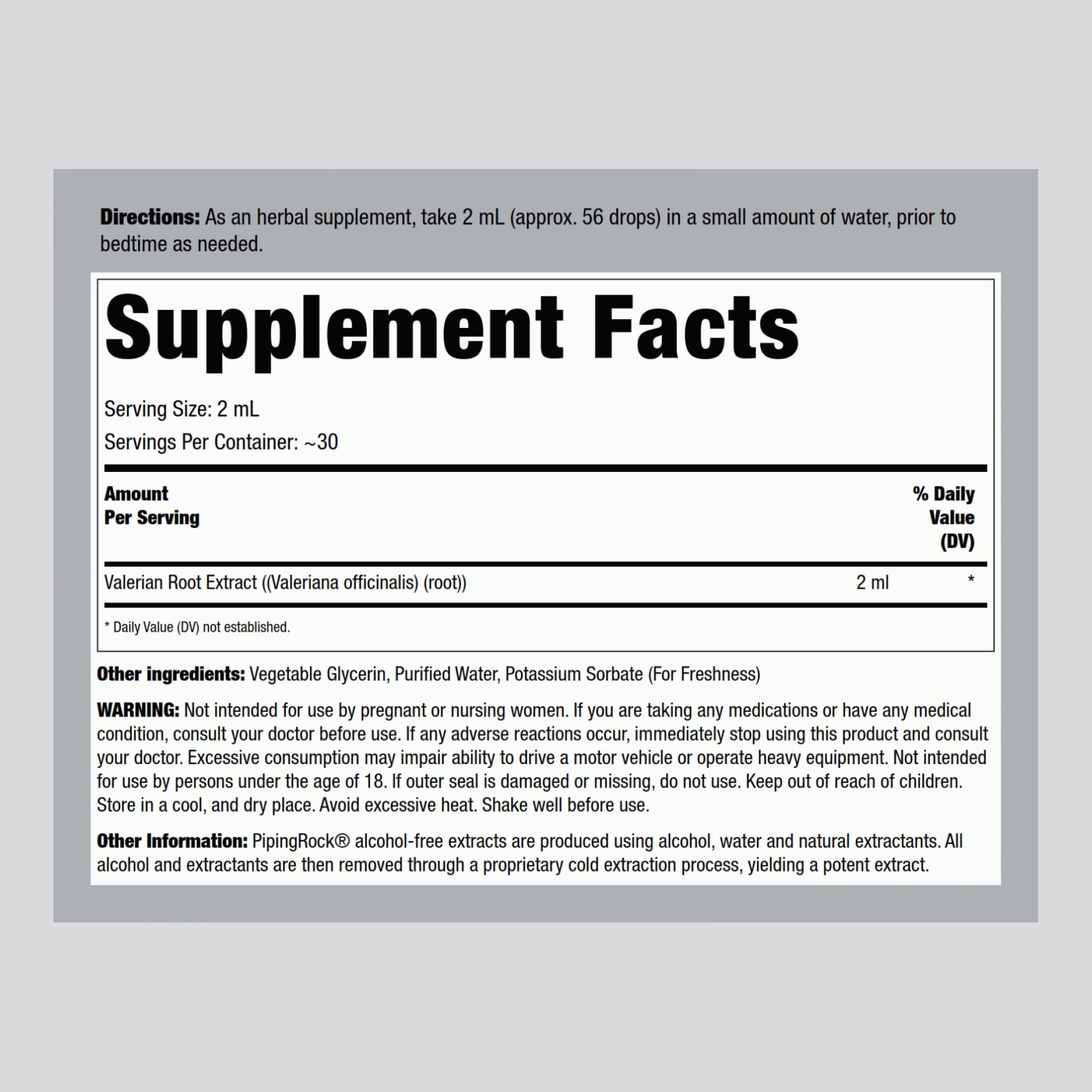 Piping Rock Valerian Root liquid extract supplement label details