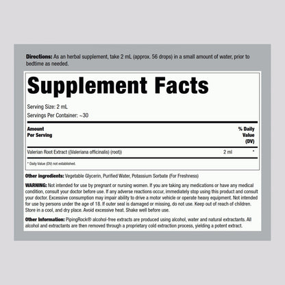 Piping Rock Valerian Root liquid extract supplement label details