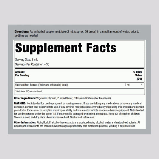 Piping Rock Valerian Root liquid extract supplement label details